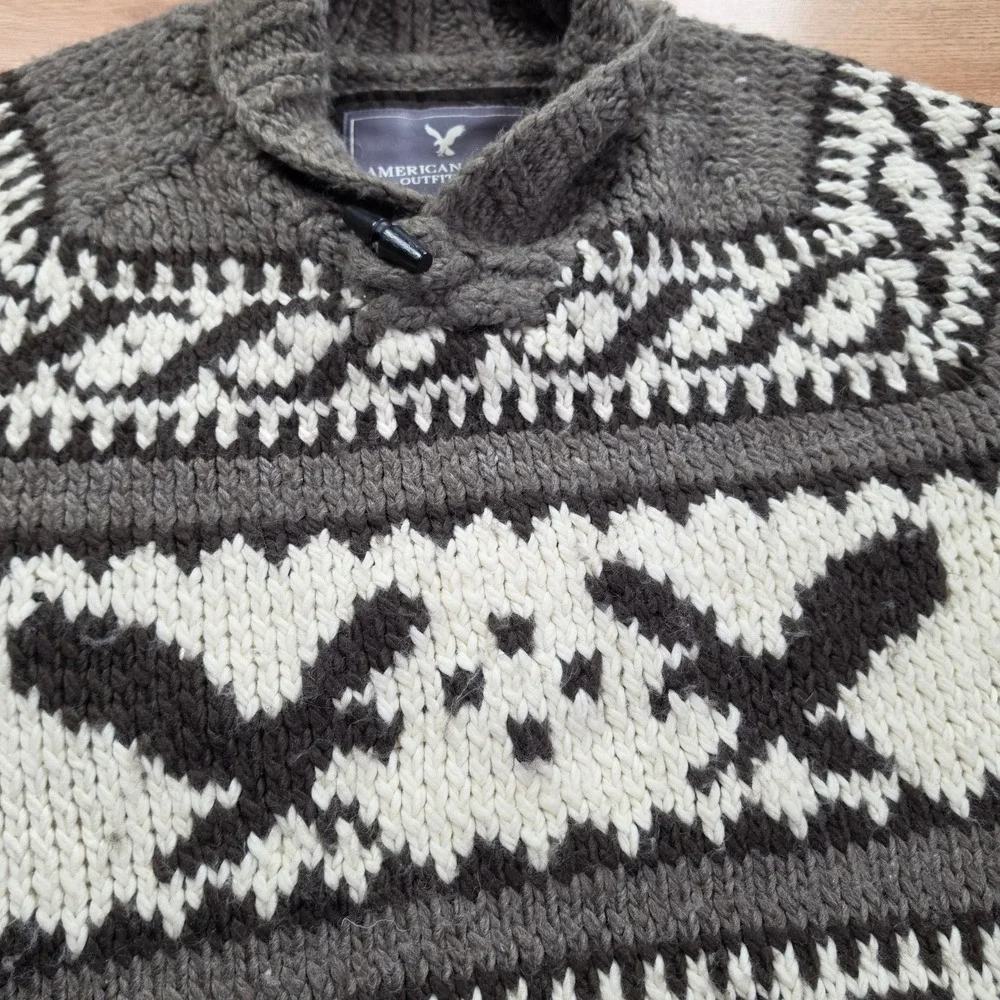 American Eagle Sweater Mens L Shawl Collar Eagle Intarsia Chunky Knit Gray White